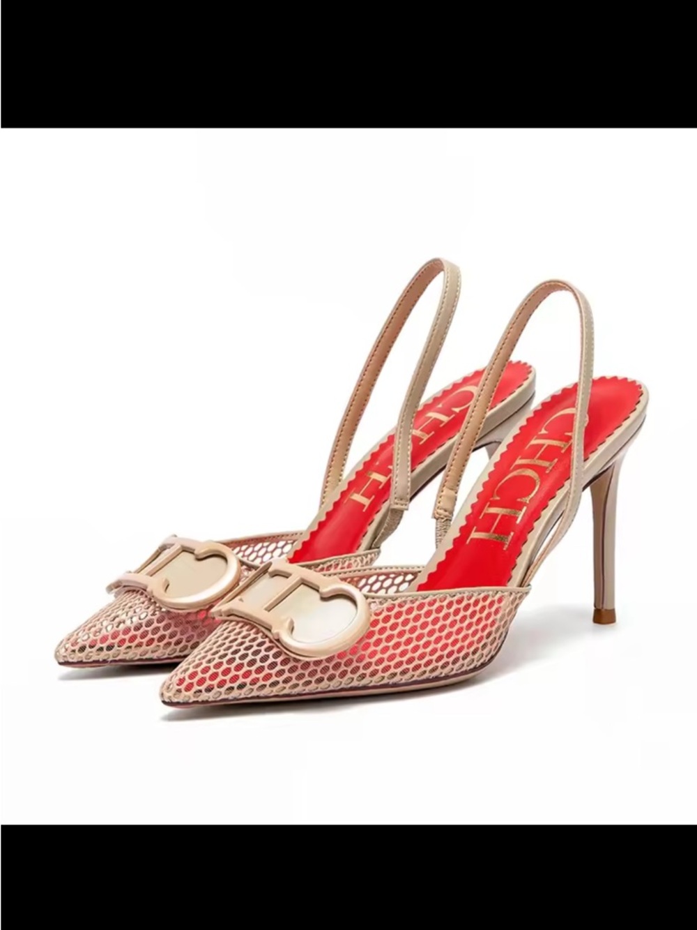 Carolina Herrera Pink and Beige Mesh Slingback Stiletto Pumps